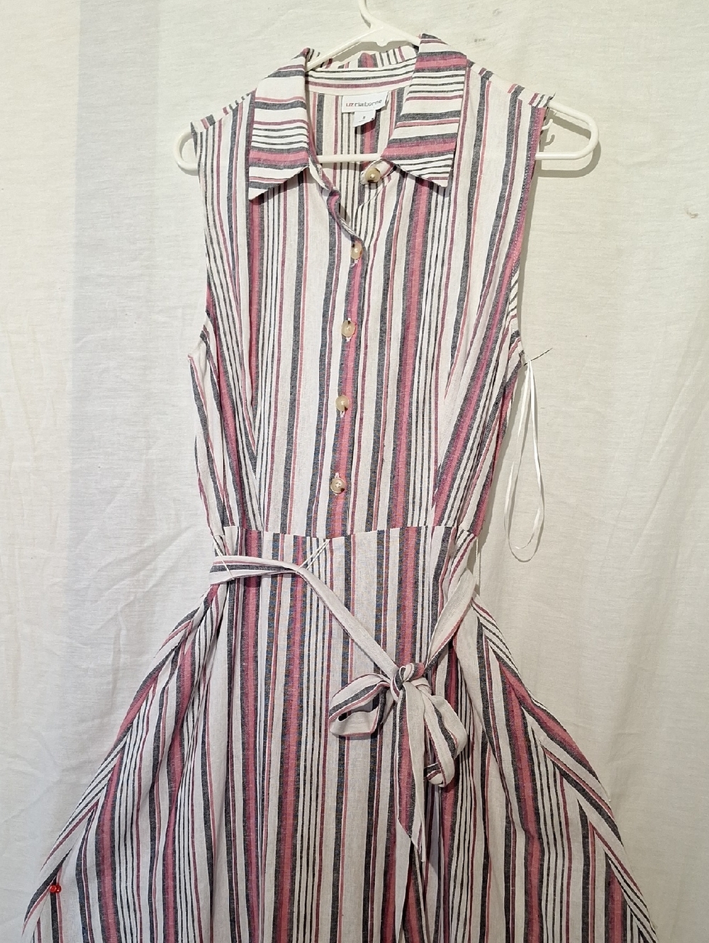 3/$20-Linen Midi Dress, Striped, Sleeveless, Flared Skirting, Tie Belt, NWOT